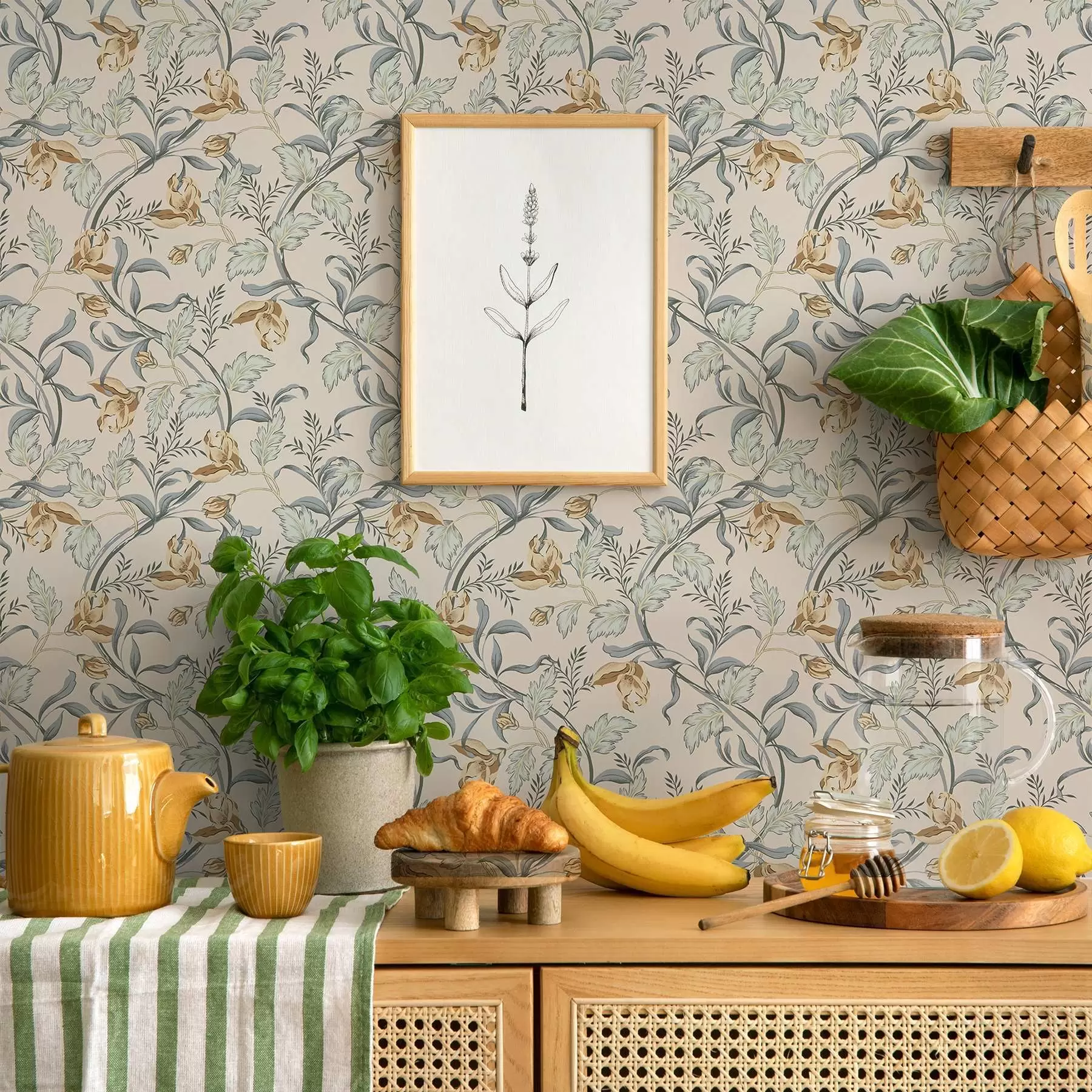 Fototapeta Kwiaty w stylu vintage z niebieskimi liśćmi na kremowym tle a00717