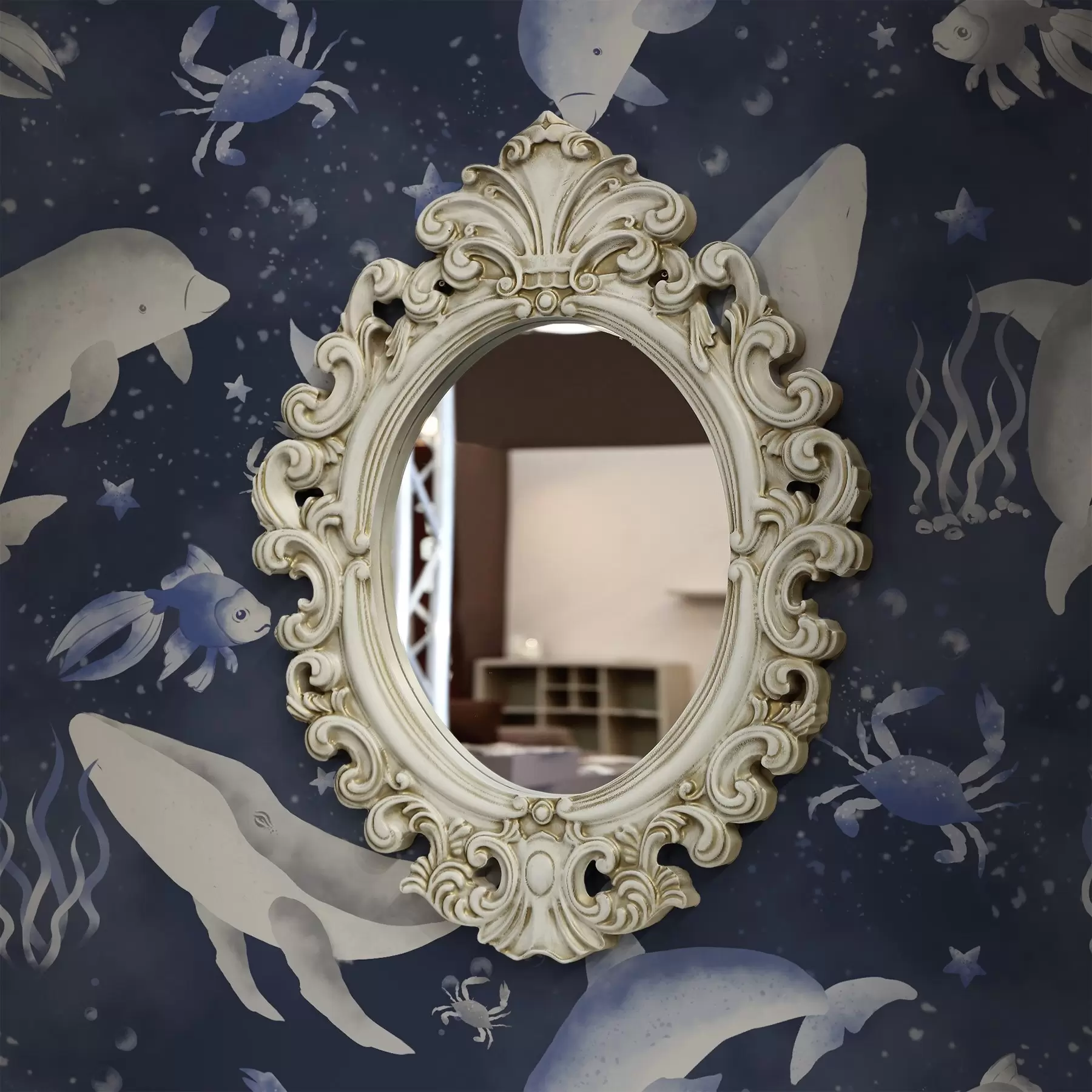 Fototapeta Wieloryby morskie, delfiny i kraby na ciemnoniebieskim tle a00720