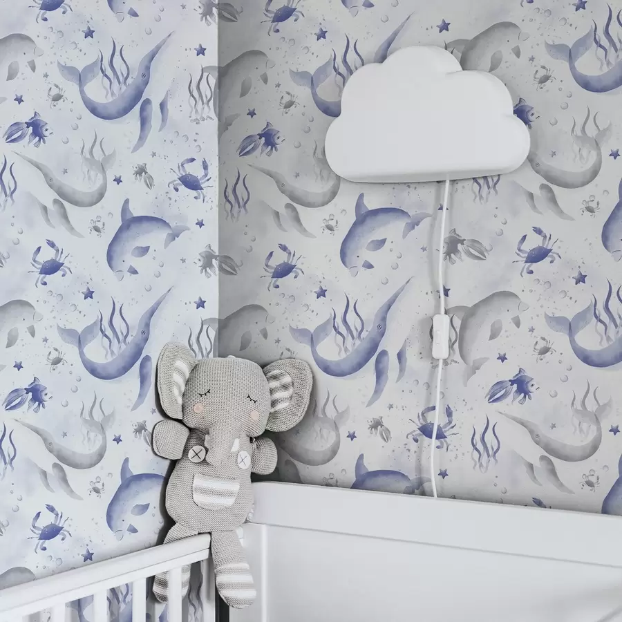 Fototapeta Wieloryby morskie i delfiny w odcieniach niebieskiego na białym tle a00720v1 kup w Polsce - Uwalls.pl Fototapeta Wieloryby morskie i delfiny w odcieniach niebieskiego na białym tle a00720v1