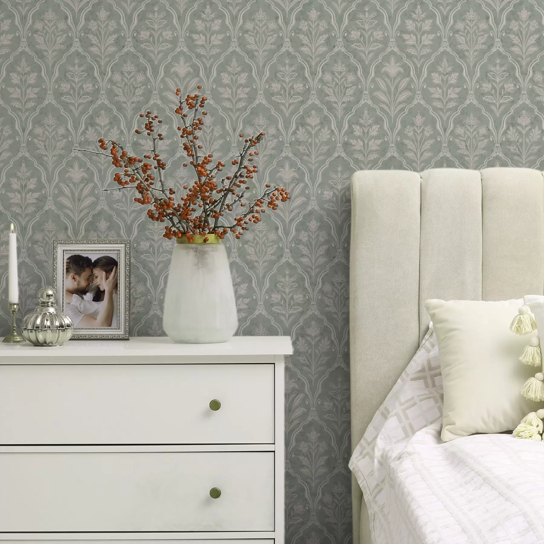 Fototapeta Miętowy adamaszek z delikatnymi kwiatowymi medalionami a00741