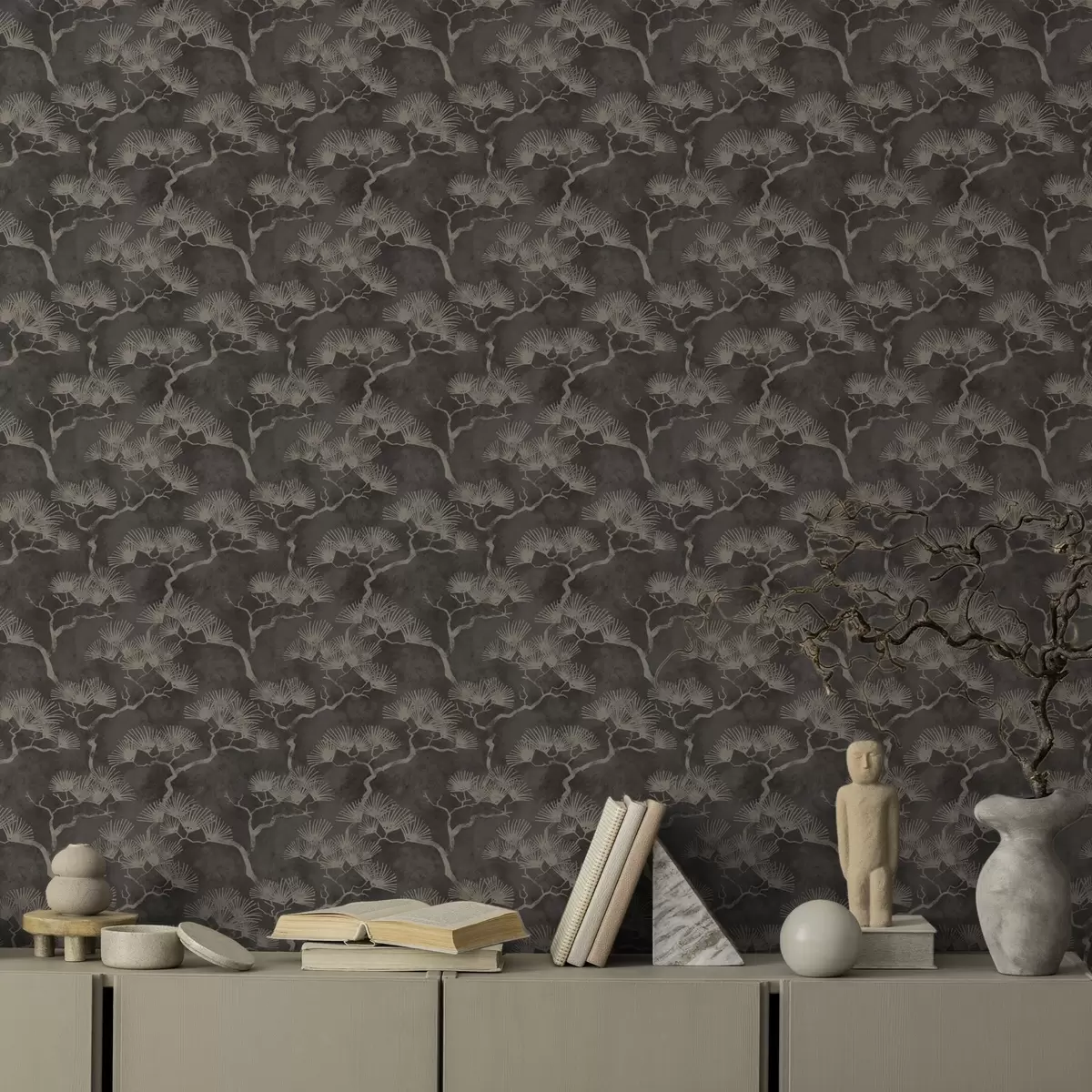 Tapeta Sylwetki sosen na ciemnym tle, mglista tekstura a00742