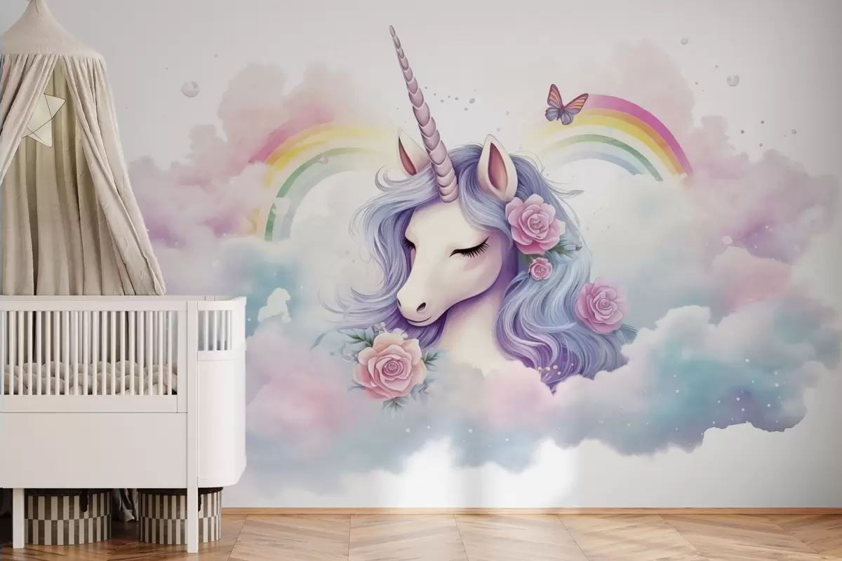 Fototapeta Pastelowy jednorożec w chmurach z tęczą i różami w03990