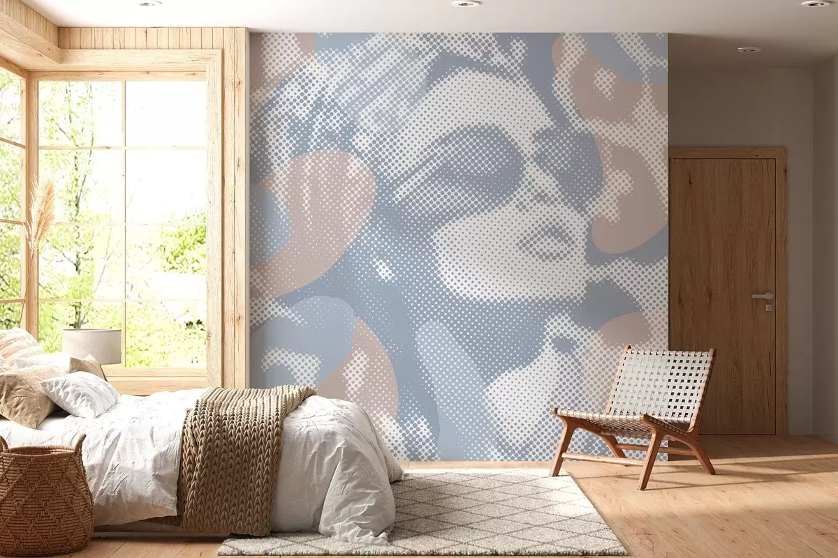 Fototapeta portret kobiety na tle lamparta w stylu kropkowanym w odcieniach niebieskiego w04630v1