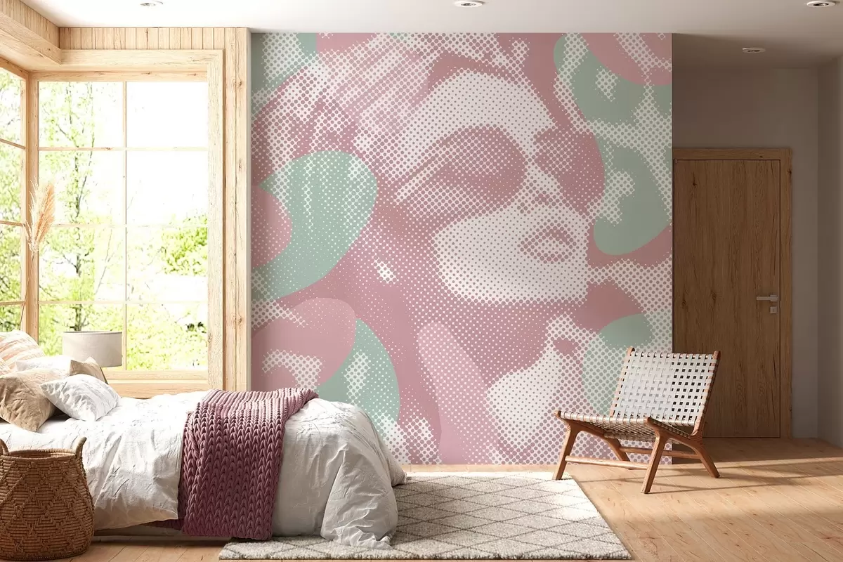 Fototapeta portret kobiety na tle lamparta w stylu kropkowanym w odcieniach różu i zieleni w04630v2
