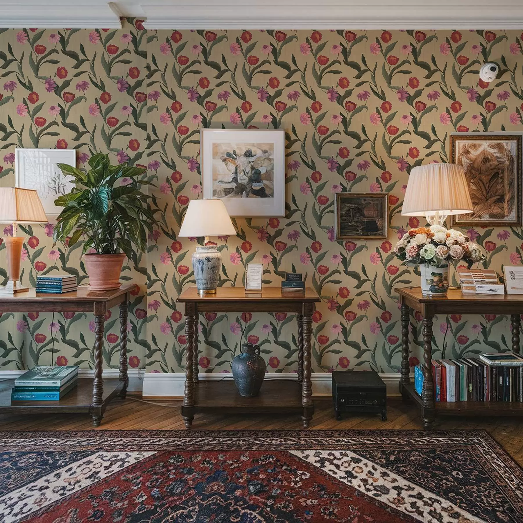 Fototapeta Różowo-czerwone kwiaty na beżowym tle, ręcznie rysowana tekstura a00631