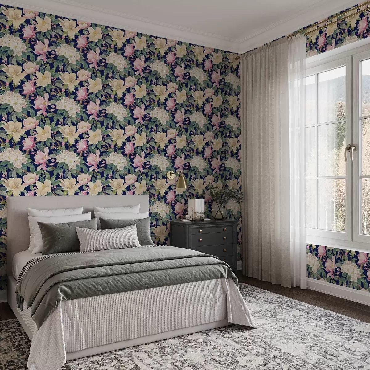 Tapeta Magnolie i pąki na ciemnoniebieskim tle a00644v1