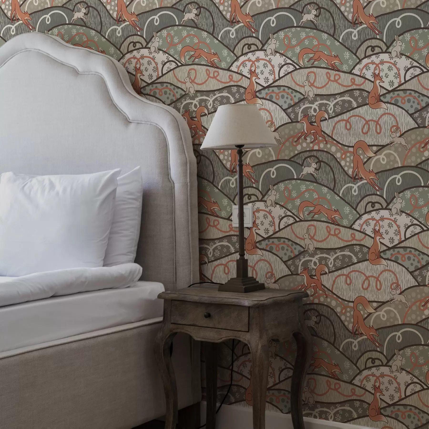 Fototapeta Lisy i zające na falistych wzgórzach, wzór retro a00690