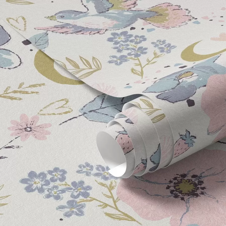 Fototapeta Pastelowe ptaki i kwiaty z półksiężycami na białym tle a00721