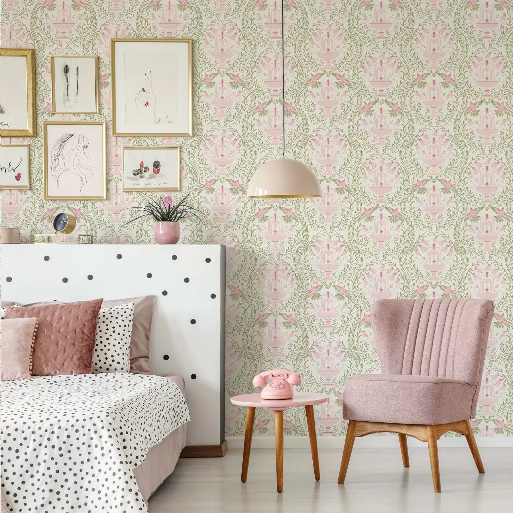 Fototapeta Fontanny, kolibry i zielone zwoje na jasnym tle a00723