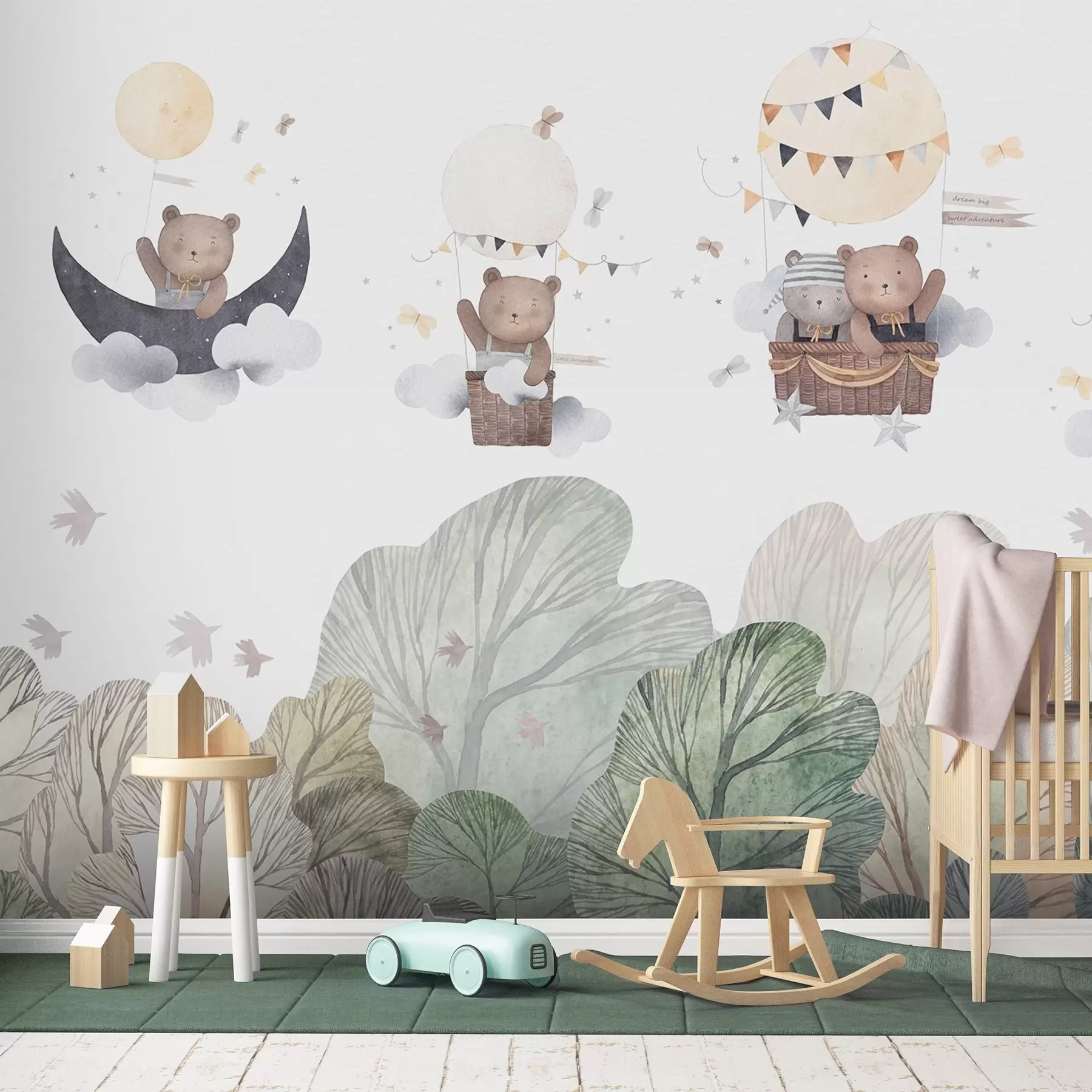 Fototapeta Balony w stylu akwareli z niedźwiedziami nad lasem w09437