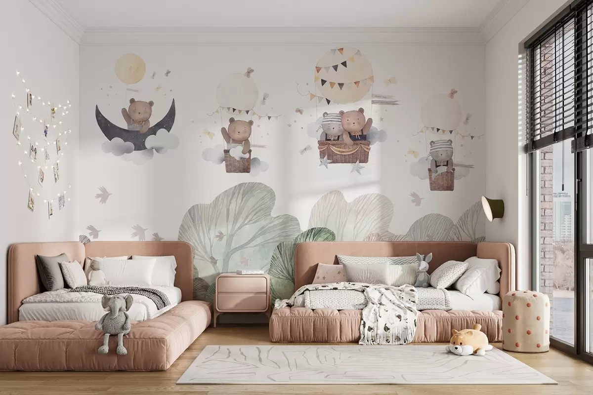 Fototapeta Balony w stylu akwareli z niedźwiedziami nad lasem w09437