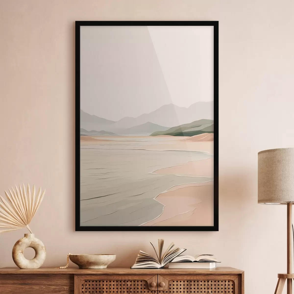 Plakat Minimalistyczny krajobraz z górami i brzegiem f46248
