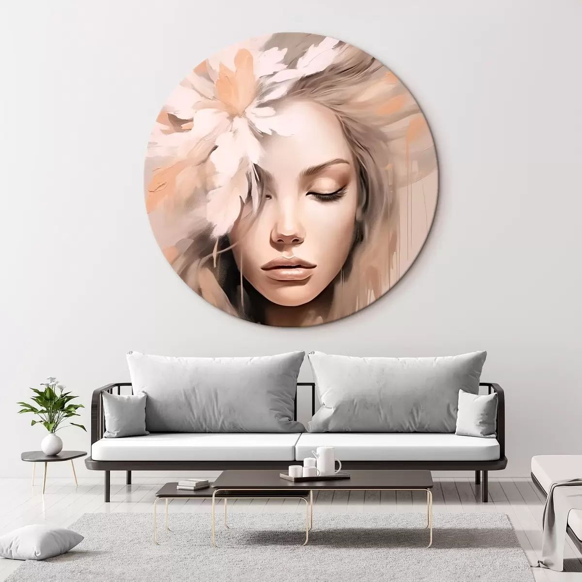 Okrągłe obrazy Portret kobiety z kwiatem r46218