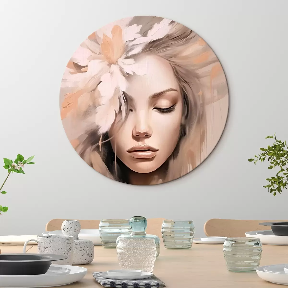 Okrągłe obrazy Portret kobiety z kwiatem r46218