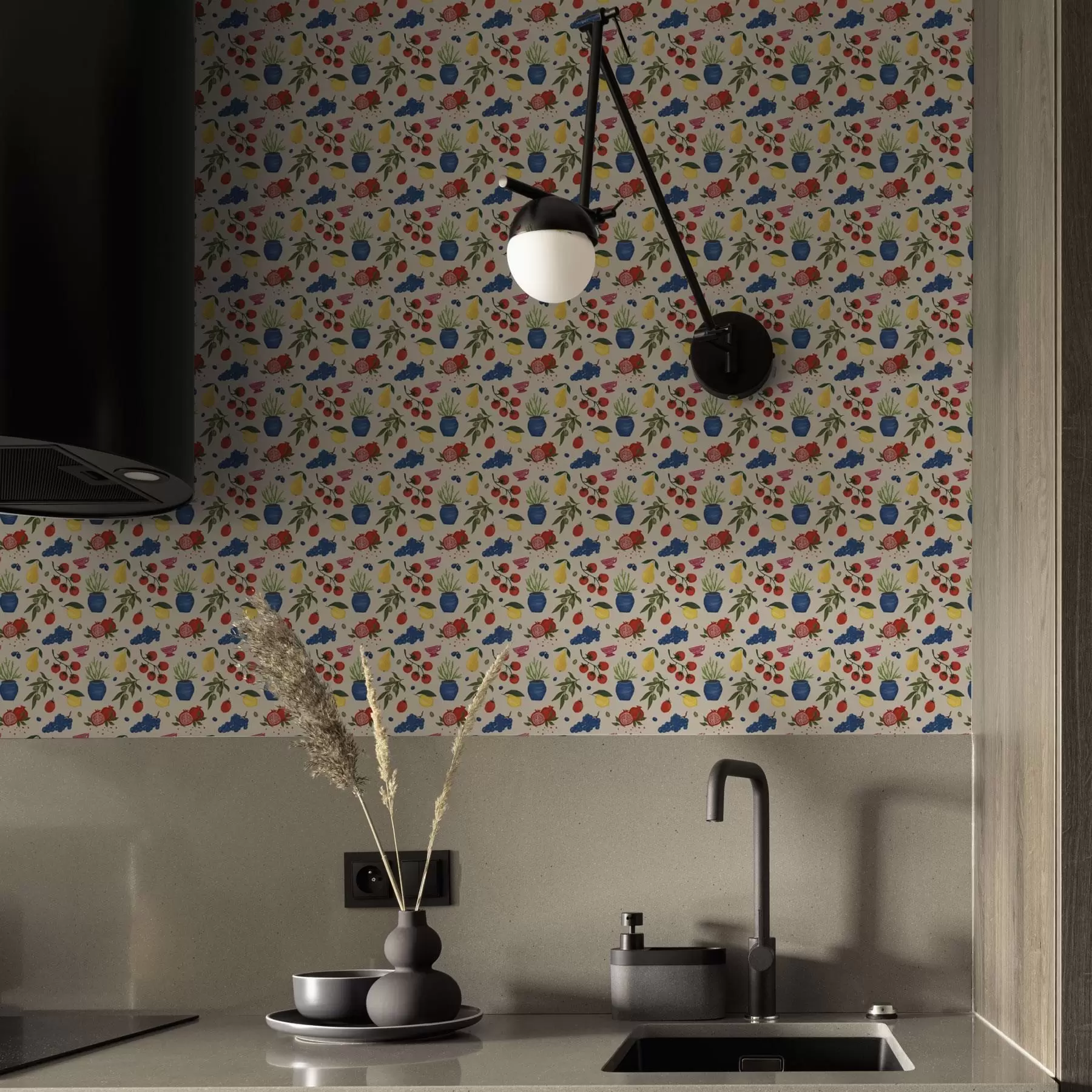 Fototapeta Żywy wzór z owocami, gałęziami i wazonami a00637