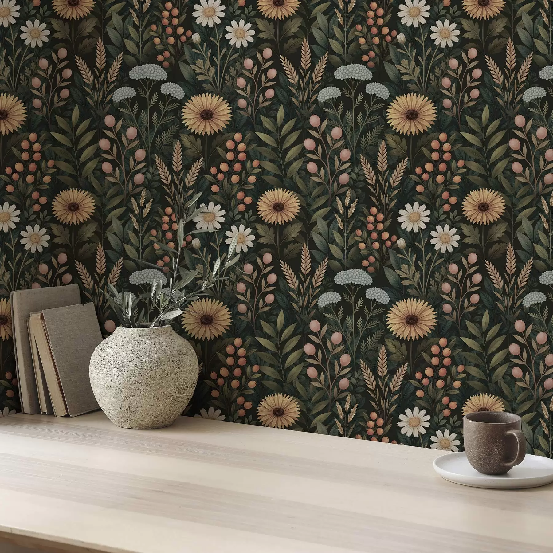 Fototapeta Kwiaty polne i jagody na ciemnym tle, naturalny ornament a00707