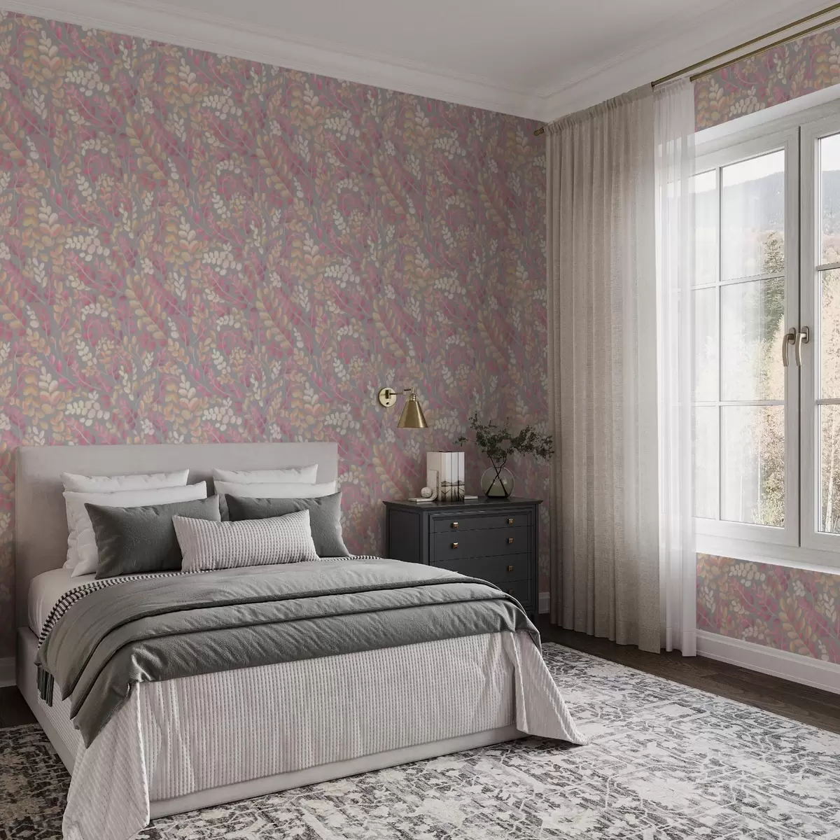 Tapeta Pastelowe gałęzie z różowo-brzoskwiniowymi liśćmi na szarym tle a00799v1