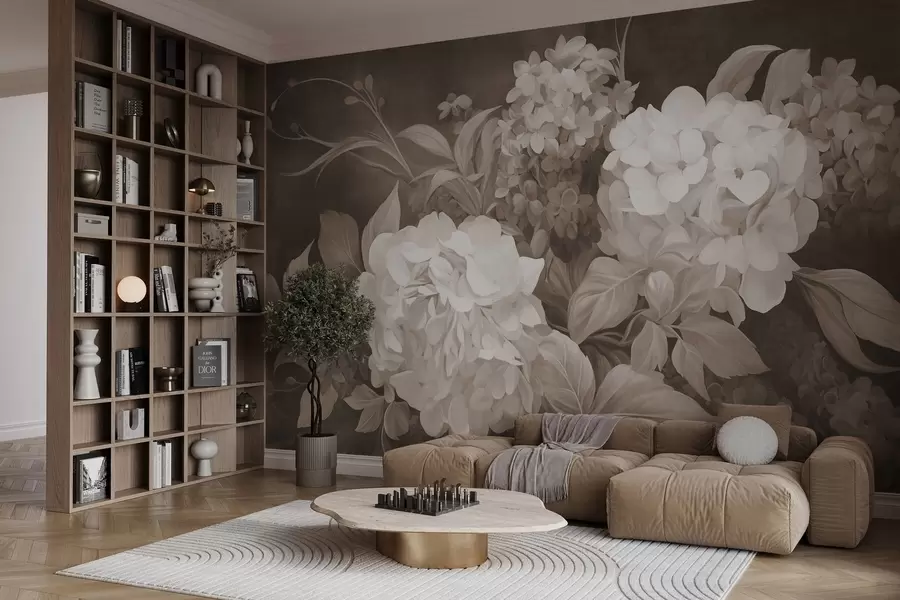 Fototapeta Teksturowany obraz w sepii imitujący kwiaty hortensji z dużymi liśćmi, abstrakcyjne i ciemne tło w09465