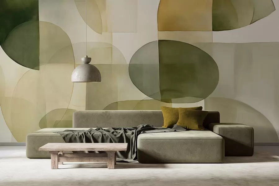 Fototapeta Abstrakcyjne, teksturowane kształty w odcieniach zieleni i żółci, stonowane kolory, minimalistyczna kompozycja, neutralne tło w09467