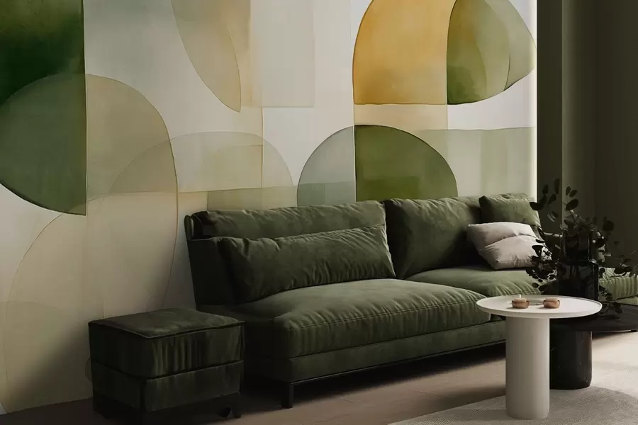 Fototapeta Abstrakcyjne, teksturowane kształty w odcieniach zieleni i żółci, stonowane kolory, minimalistyczna kompozycja, neutralne tło w09467