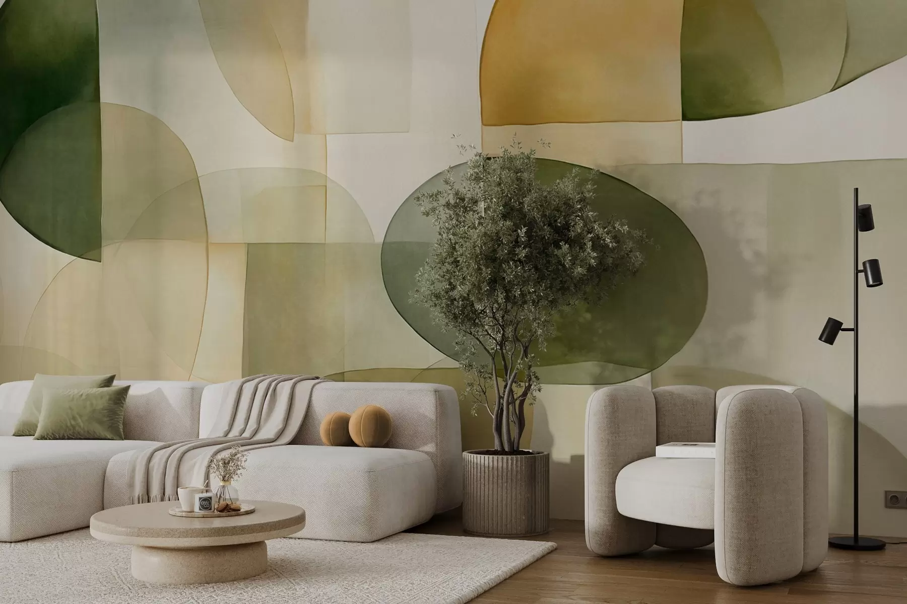 Fototapeta Abstrakcyjne, teksturowane kształty w odcieniach zieleni i żółci, stonowane kolory, minimalistyczna kompozycja, neutralne tło w09467