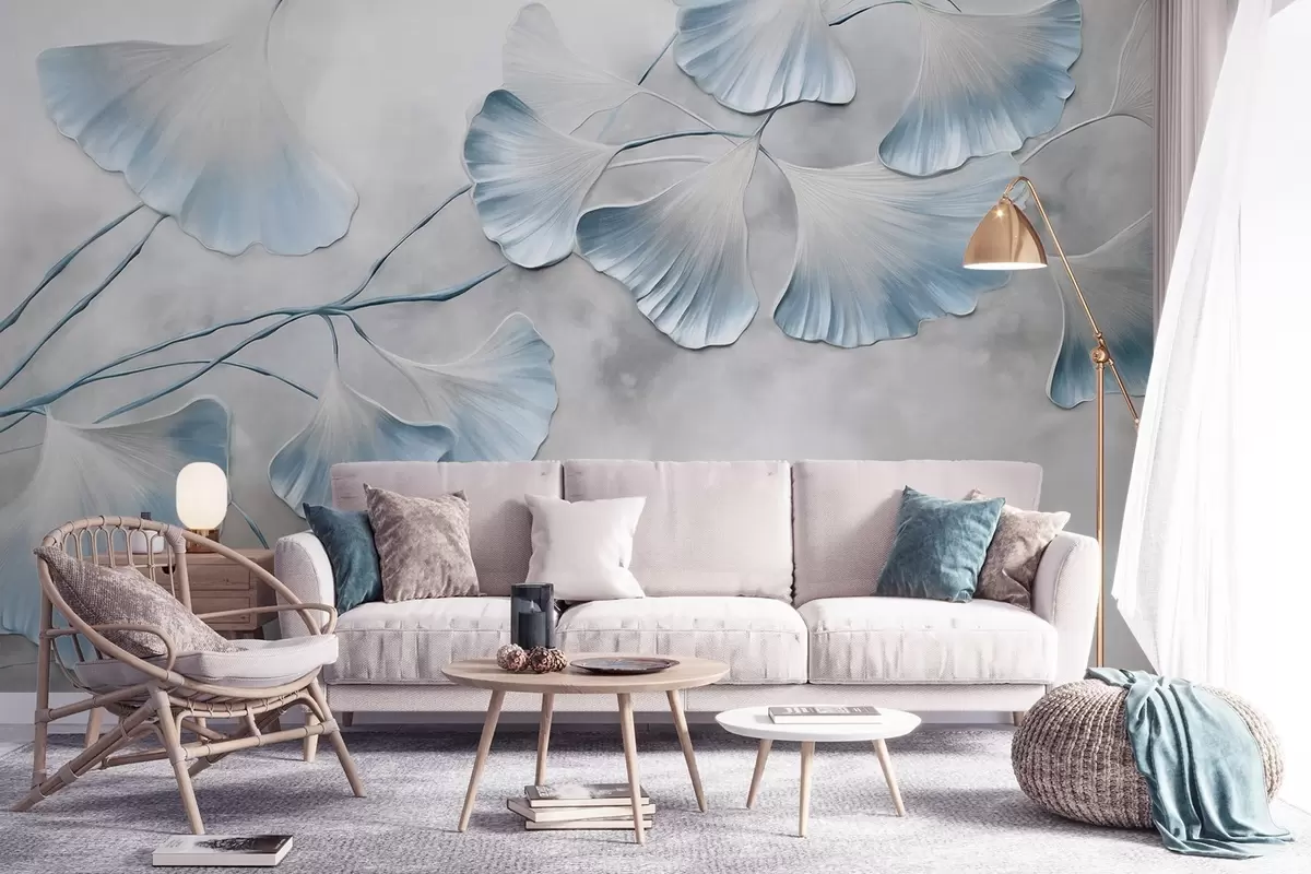 Fototapeta Liście miłorzębu japońskiego z niebieskimi brzegami na gałęzi, szare tło z fakturą, elegancki i minimalistyczny wzór w09472v1