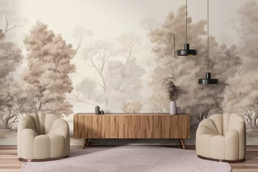 Fototapeta Teksturowany obraz krajobrazowy imitujący las z wysokimi drzewami i trawą, stonowane i delikatne kolory, uspokajająca scena w09474