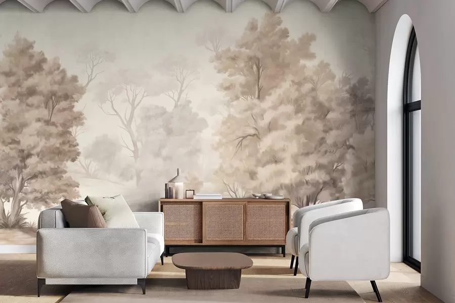 Fototapeta Teksturowany obraz krajobrazowy imitujący las z wysokimi drzewami i trawą, stonowane i delikatne kolory, uspokajająca scena w09474