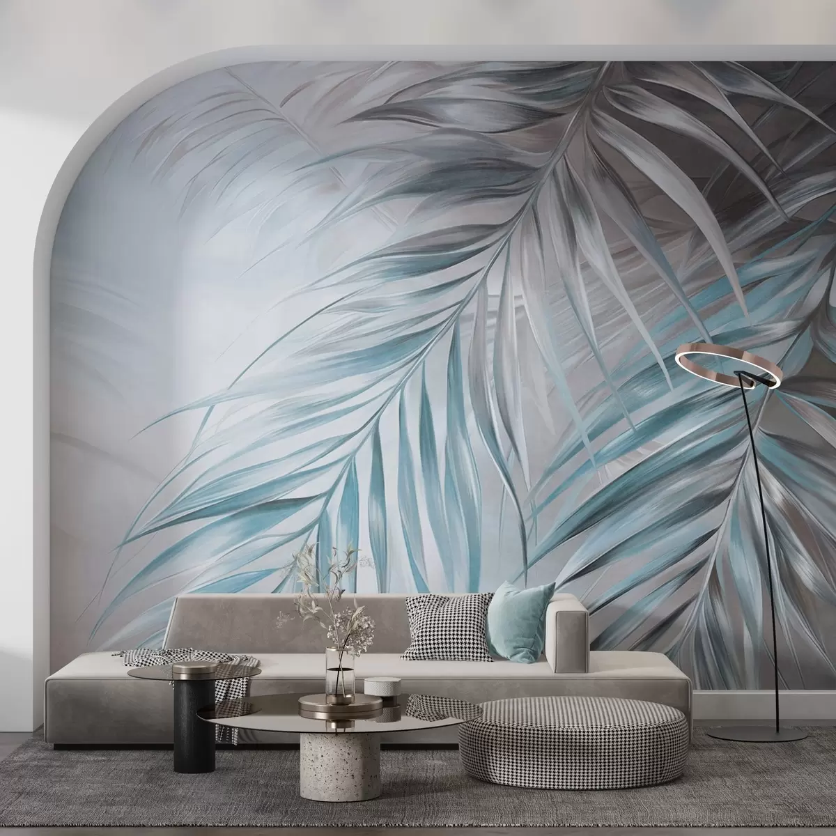 Fototapeta Liście palmowe w odcieniach szarości i błękitu, jasne tło o delikatnej fakturze i łagodnych kolorach, elegancki styl tropikalny w09475v1