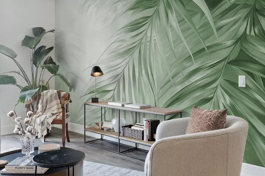 Fototapeta Liście palmowe w odcieniach zieleni, jasne tło o delikatnej fakturze i stonowanych kolorach, elegancki styl tropikalny w09475v2