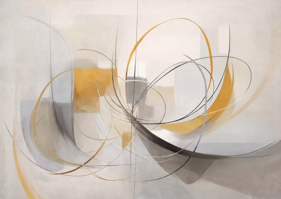 Fototapeta Abstrakcyjny, teksturowany styl malarstwa nowoczesnego z zakrzywionymi liniami i geometrycznymi kształtami w odcieniach szarości, bieli i pomarańczy w09476