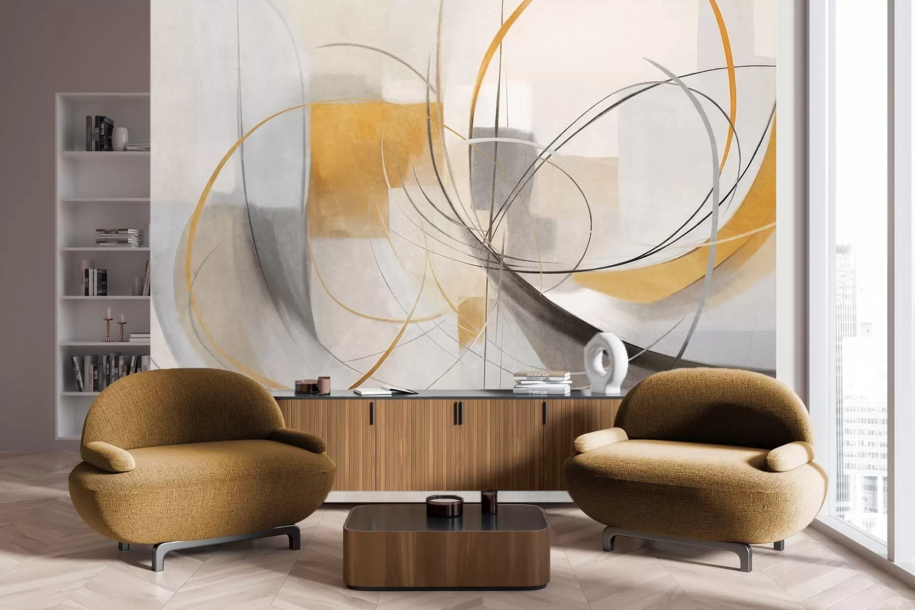 Fototapeta Abstrakcyjny, teksturowany styl malarstwa nowoczesnego z zakrzywionymi liniami i geometrycznymi kształtami w odcieniach szarości, bieli i pomarańczy w09476