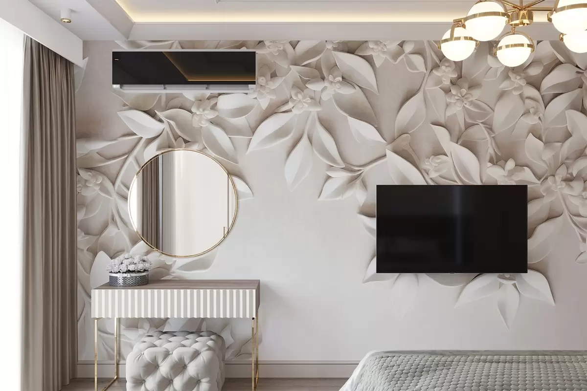 Fototapeta Białe teksturowane kwiaty i liście, kompozycja kwiatowa, elegancki design, styl minimalistyczny, sztuka dekoracyjna w09479
