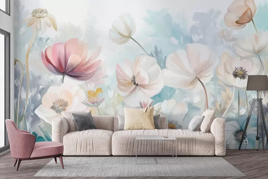 Fototapeta Pole kwiatów w pastelowych kolorach o delikatnych płatkach i miękkich zielonych liściach, namalowane w marzycielskim stylu akwareli z fakturą w09481