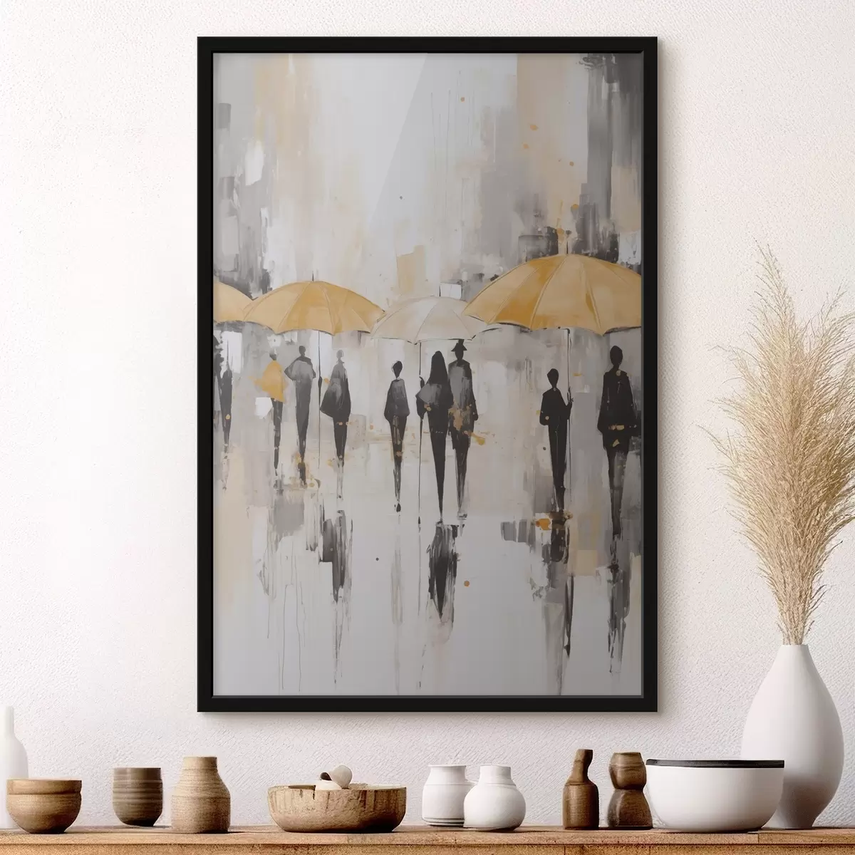 Plakat Abstrakcja ludzi z parasolami f46304