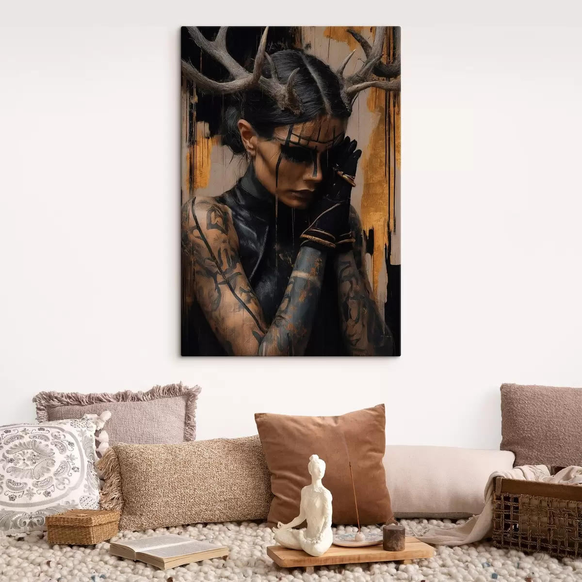 Obraz Kobieta z rogami w mrocznym wyglądzie z czarnymi liniami na twarzy s46144