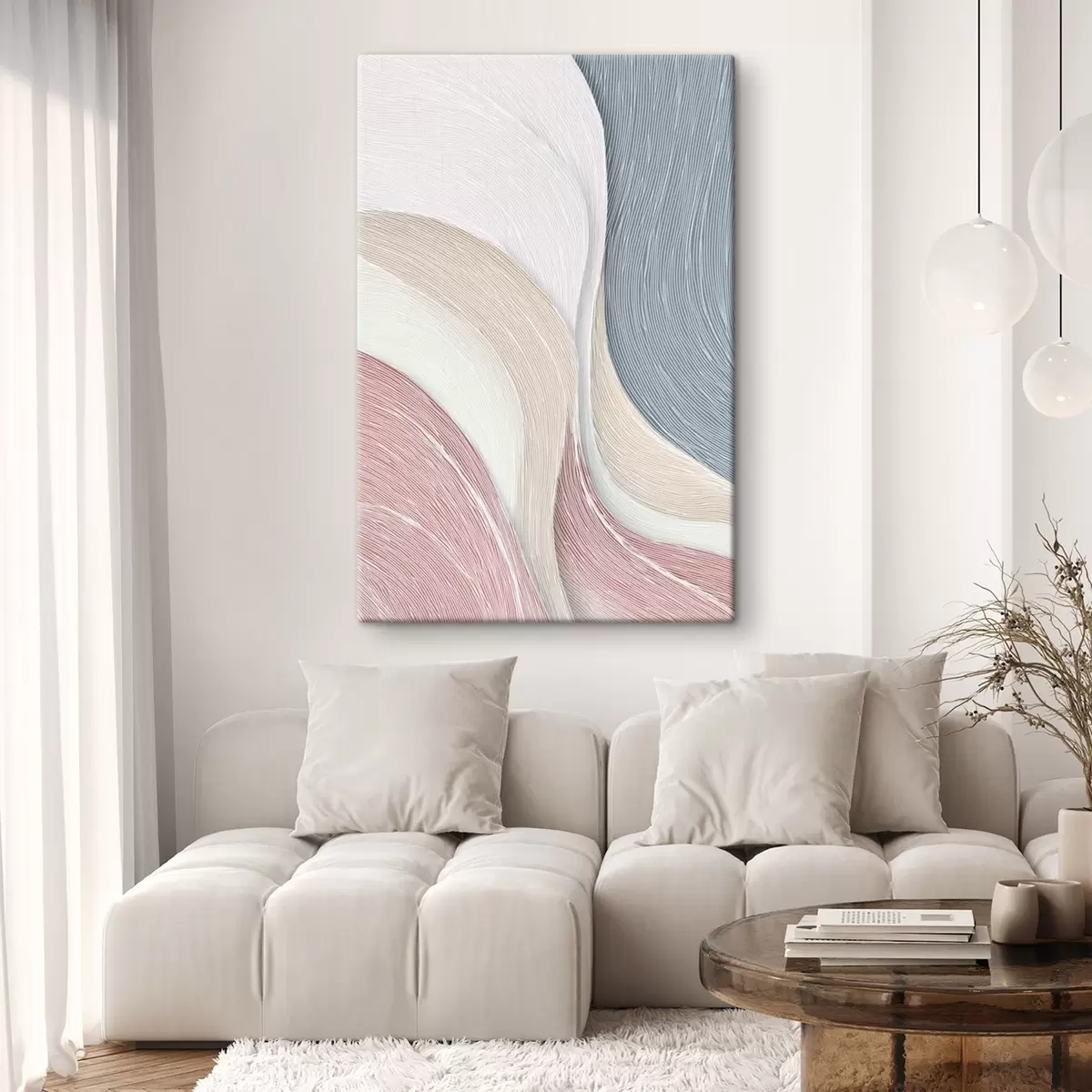 Obraz Jasne abstrakcyjne fale w odcieniach jasnoróżowego i szaro-białego s46153