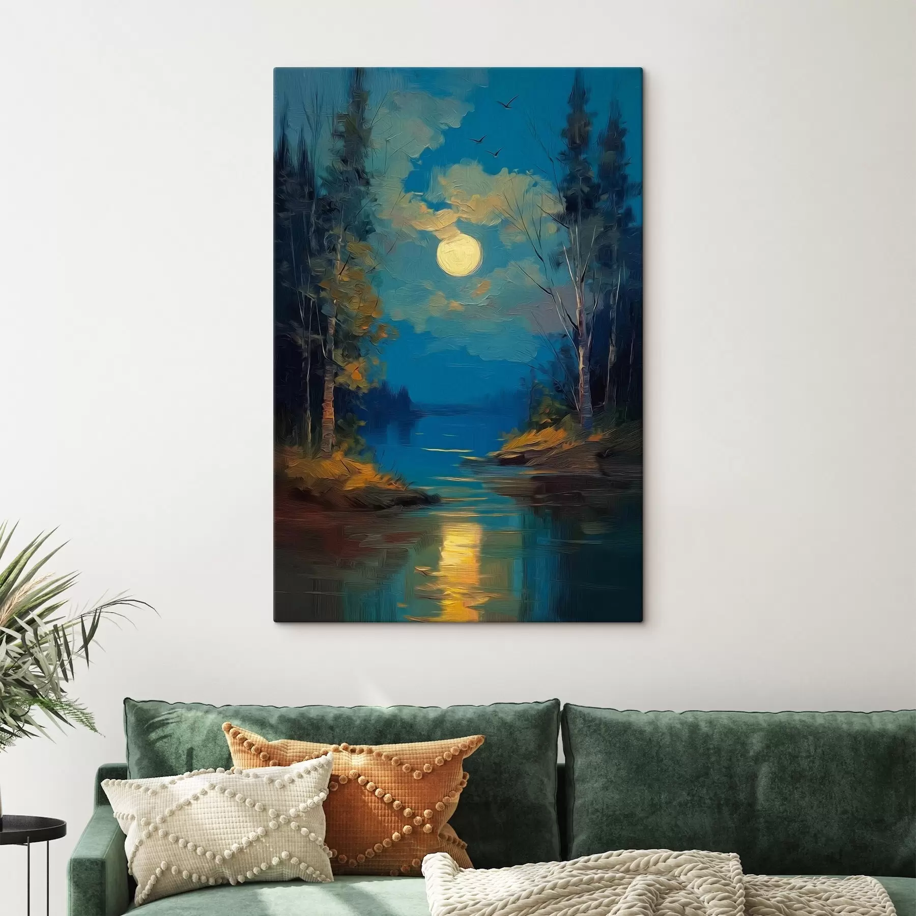 Obraz Światło księżyca nad spokojną rzeką wśród sosen s46164