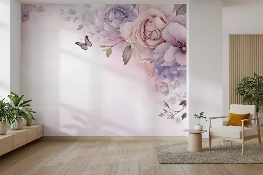 Fototapeta Delikatne różowe i liliowe kwiaty z motylem w04711