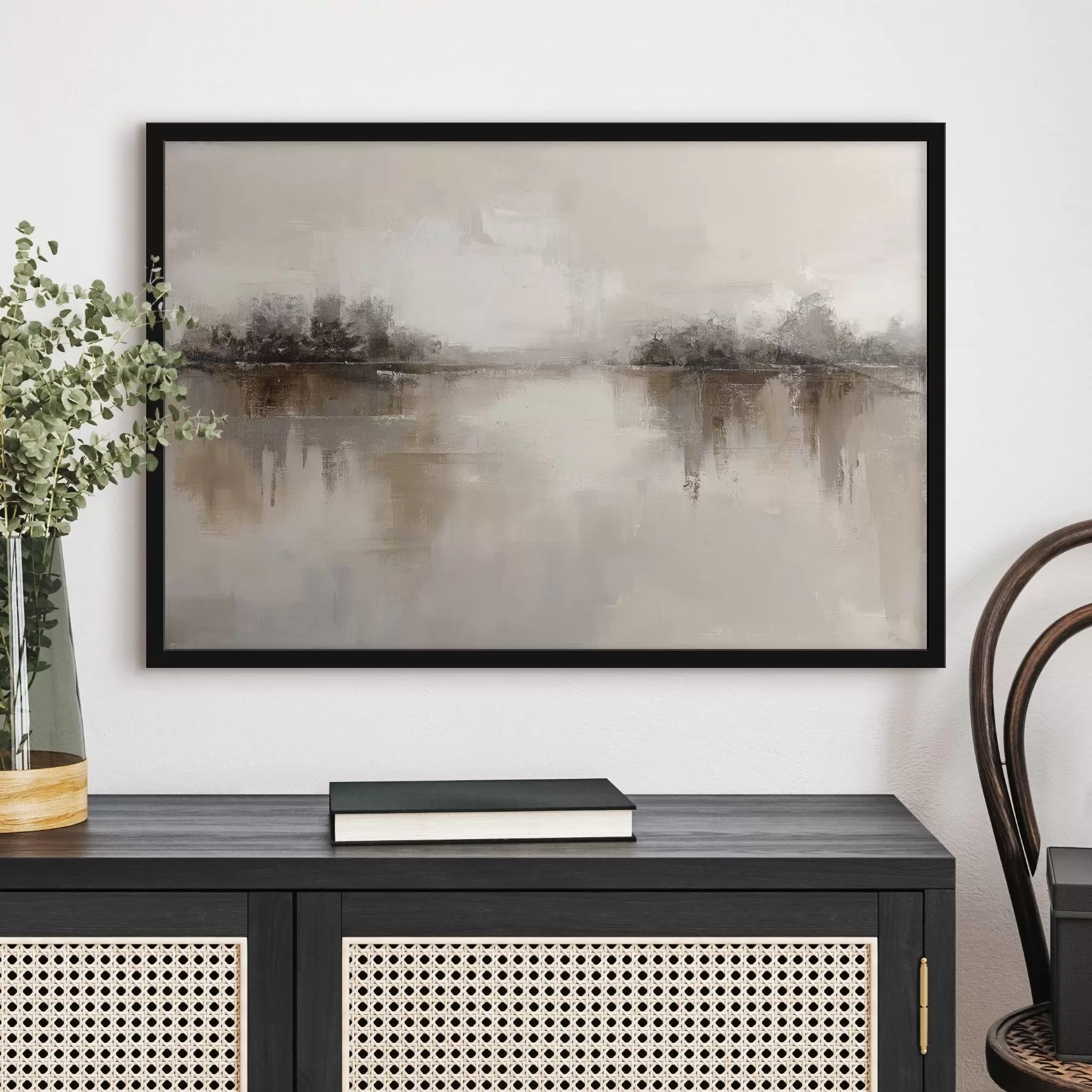 Fototapeta Łagodny krajobraz z jeziorem w ciepłych odcieniach beżowo-szarych f46158