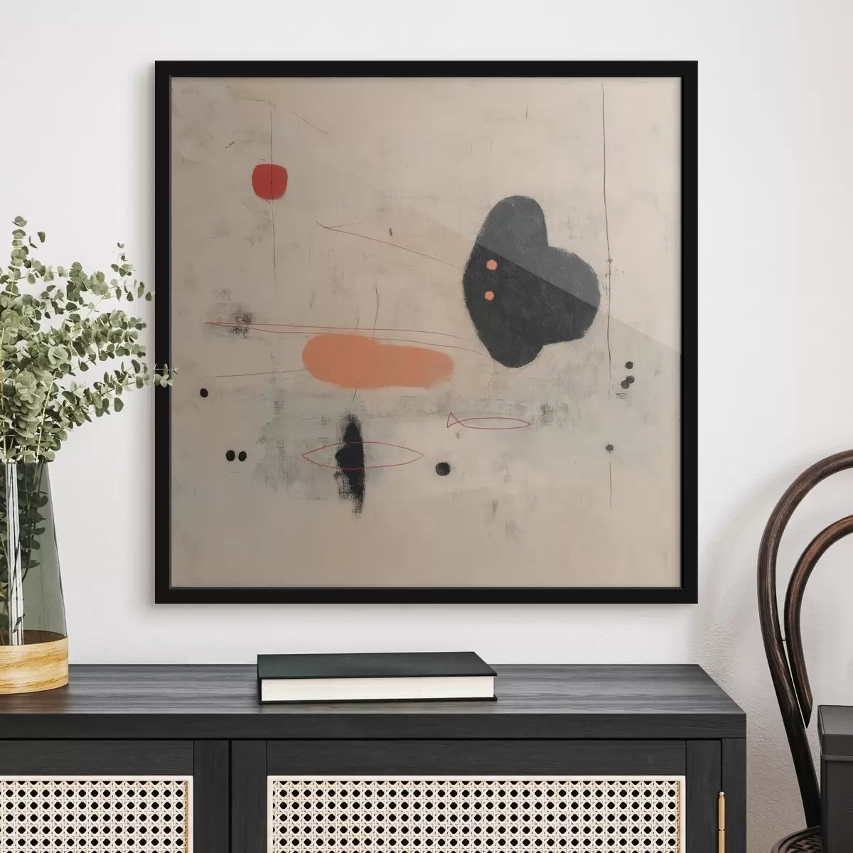 Plakat Minimalistyczny rysunek abstrakcyjny z czarnymi i koralowymi akcentami f46159