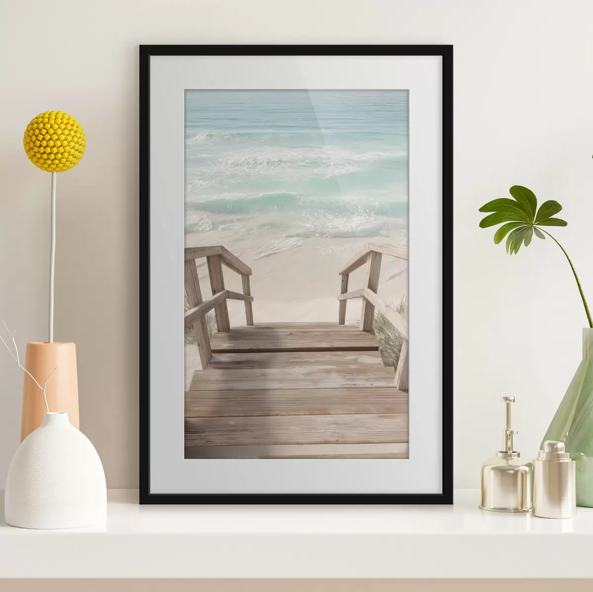 Plakat Drewniane schody prowadzące do turkusowej plaży f46163