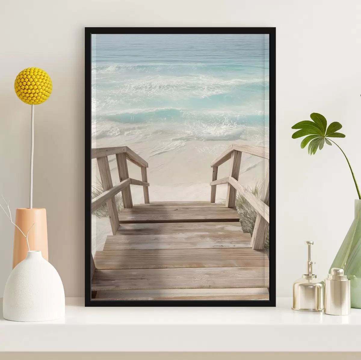 Plakat Drewniane schody prowadzące do turkusowej plaży f46163