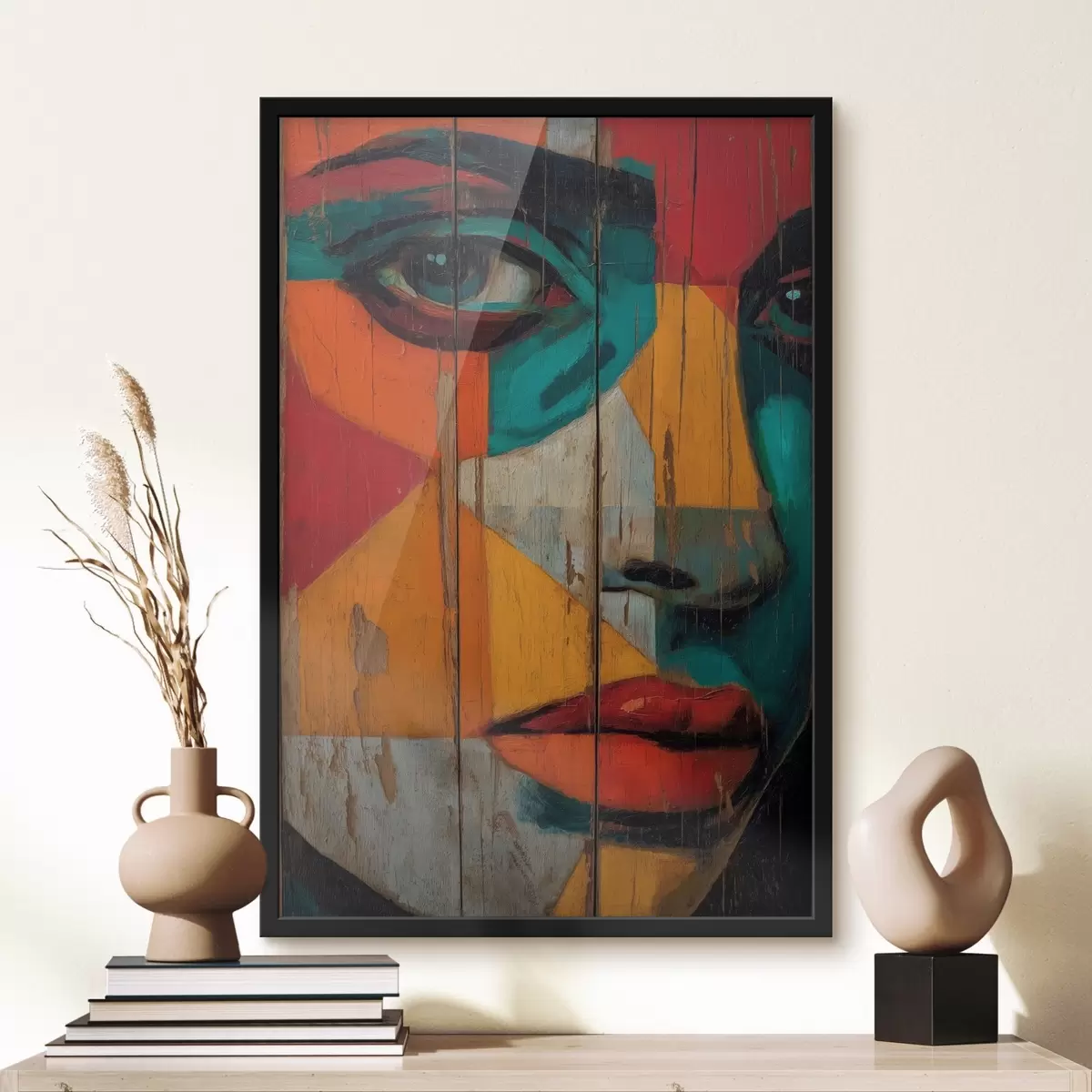 Plakat Jasny geometryczny portret twarzy na drewnianych deskach f46165