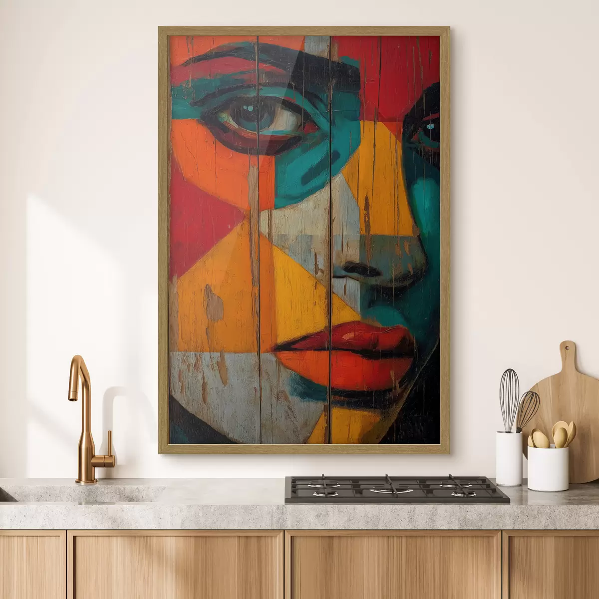 Plakat Jasny geometryczny portret twarzy na drewnianych deskach f46165