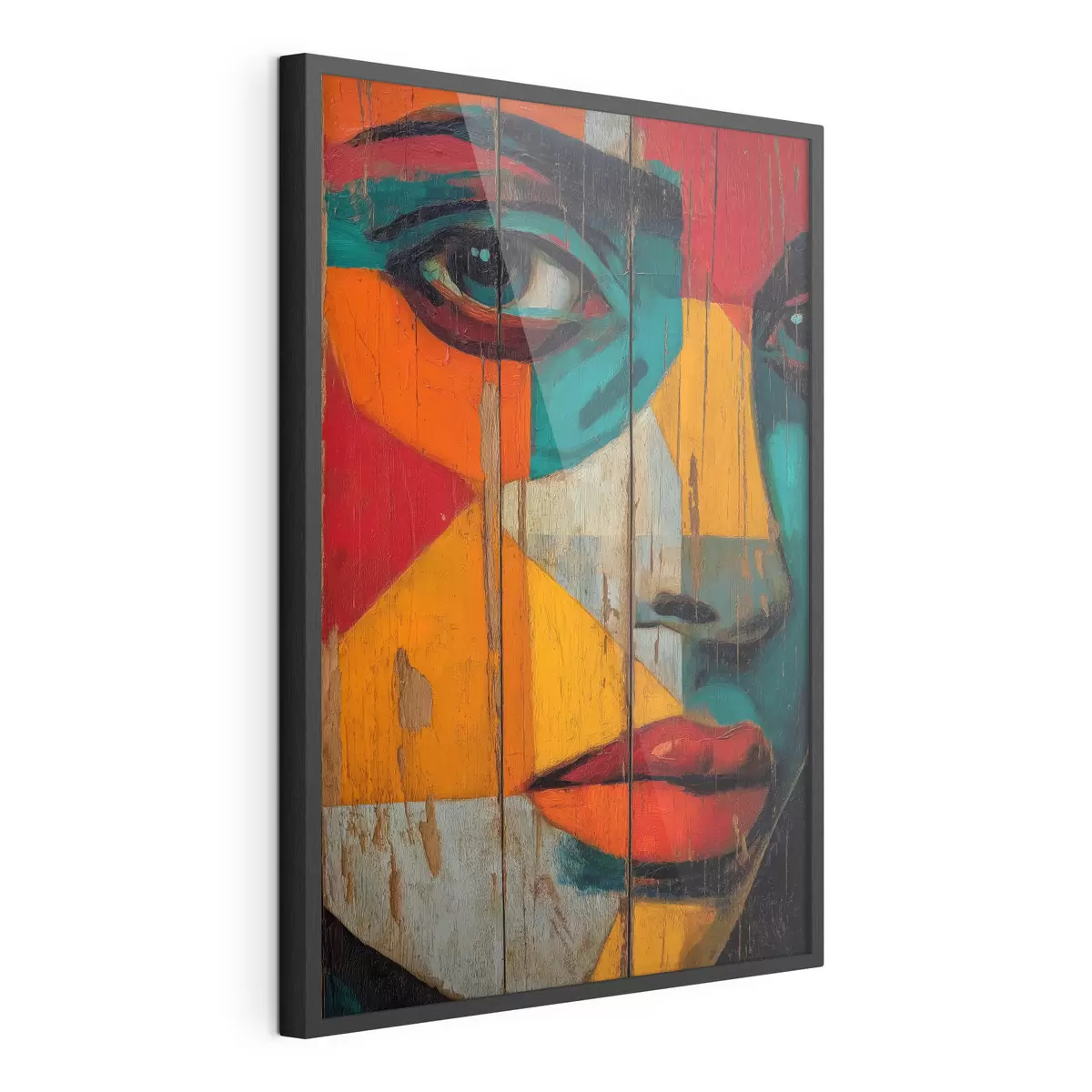 Plakat Jasny geometryczny portret twarzy na drewnianych deskach f46165