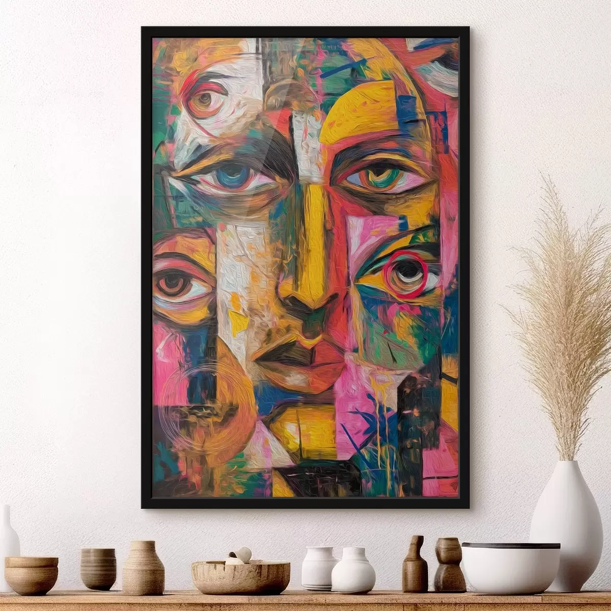 Plakat Abstrakcyjna twarz z jasnymi geometrycznymi kształtami f46175
