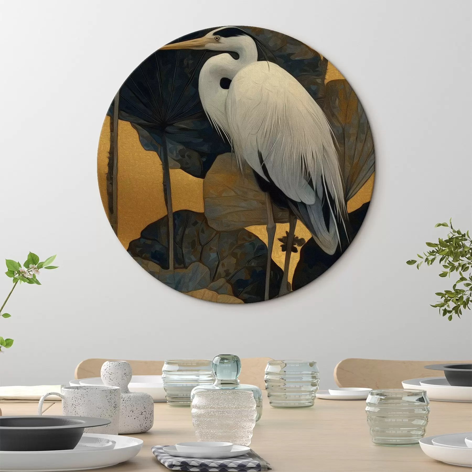 Obraz Biała czapla wśród dużych liści na ciepłym tle r46147 kup w Polsce - Uwalls.pl Obraz Biała czapla wśród dużych liści na ciepłym tle r46147