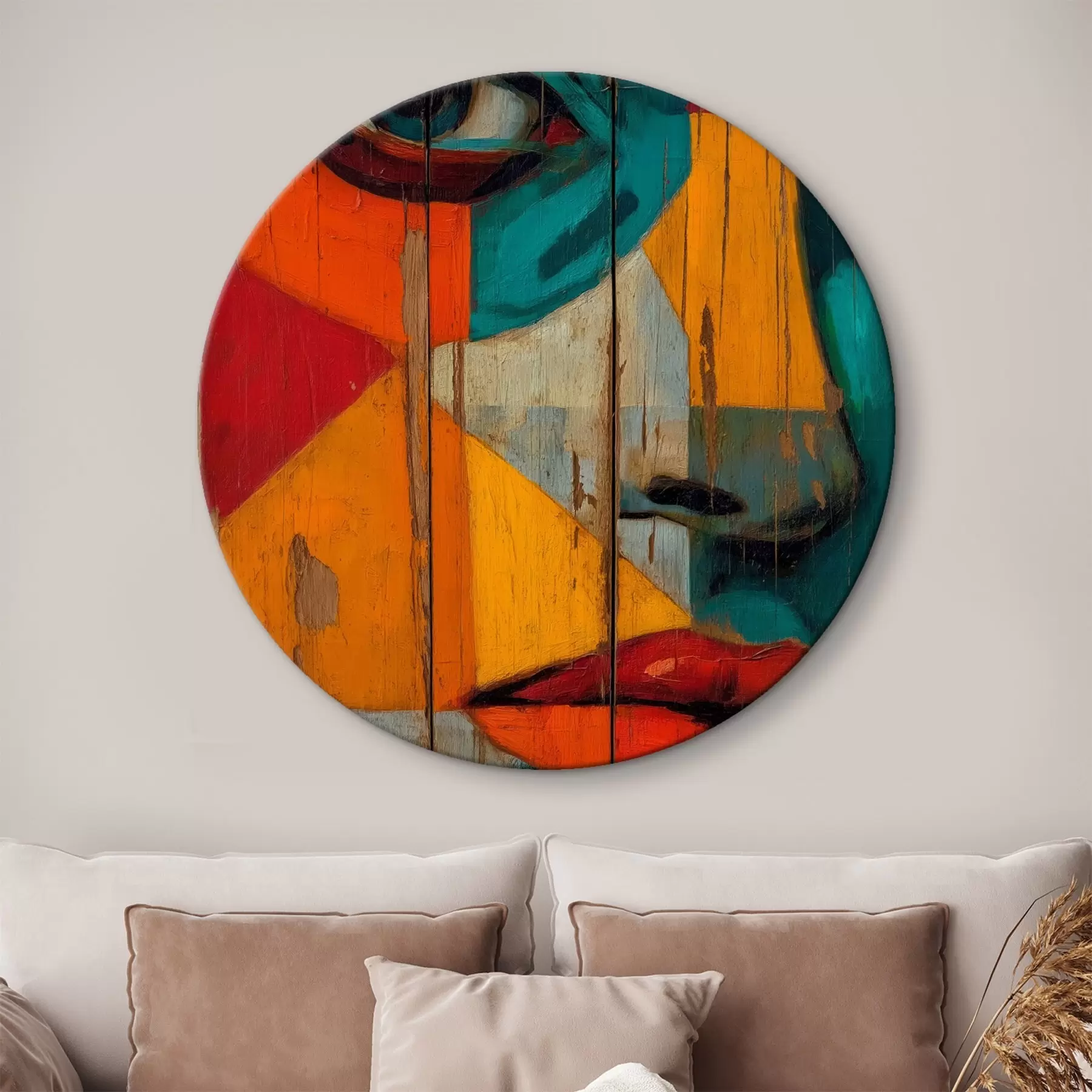 Obraz Jasny geometryczny portret twarzy na drewnianych deskach r46165