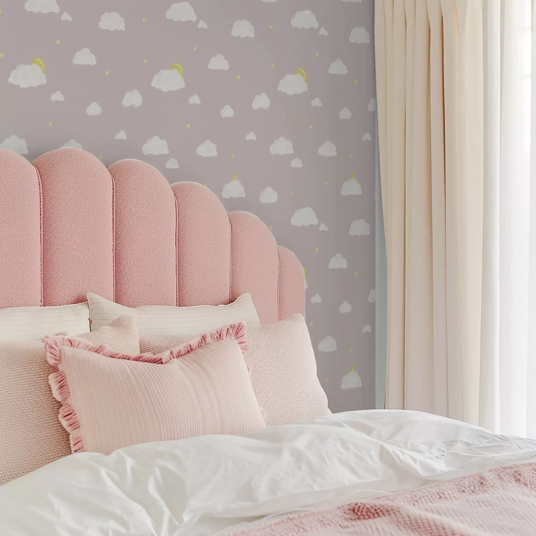 Fototapeta Miękkie chmury, gwiazdy i słońce na różowo-szarym tle a00652v2